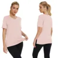 Women casual V-neck short sleeve solid color loose split hem pink t-shirt for daily wear - S / Tops / Apricot