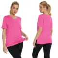 Casual pink V-neck short sleeve split hem t-shirt variant display for modern women. - S / Tops / Fluorescent Pink
