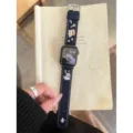 Denim embroidered watch band for Apple Watch, cute puppy pattern, stylish accessory variant. - Universal 38mm/40mm/41mm / Dark Denim