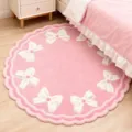 Pink round fluffy rug detail view with cute bow knots for cozy bedroom and bedside decor. - 3D Bowknot (12.2GYGKI-5)