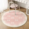 Cream pink round rug with cute white bow pattern, soft plush bedroom bedside mat and cozy decor. - Pink Scallop Bow (12.2GYGKI-7)