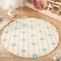 Cream style round plush rug with cute blue stripe and bow pattern for cozy bedroom decor. - Blue Stripe Bow (12.2GYGKI-8)