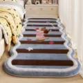 Cozy fluffy bedside runner rug featuring cute dog pattern and blue brown stripes for bedroom. - Striped Puppy Soft Mat