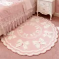 Pink round cashmere-feel rug detail, soft cute bow bedside mat for cozy bedroom decor. - Pink White Bow (12.2GYGKI-9)