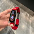 Red corduroy magnetic smart watch strap with cute bear bow accessory, stylish replacement band. - Red
