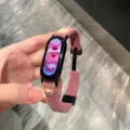 Pink corduroy smart watch band with cute bow and bear design for fitness tracker. - Pink Purple
