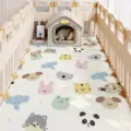 Detailed scene view of the waterproof PVC pet mat with cute animal patterns inside fence. - 40x60cm / Happy Family