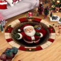 Detailed close-up view of a festive 3D Santa Claus Christmas round rug on a wooden floor. - 60x60cm Pack / Santa Chimney Style (c-917sdy 2)