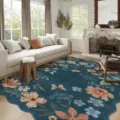 Unregelmäßiger Retro-Blumen-Teppich für das Wohnzimmer, blauer Vintage-Teppich mit welligen Kanten. - Dunkelblau Retro Floral (02) / 40x60cm