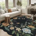 Unregelmäßiger Retro-Blumenteppich, eleganter schwarzer botanischer Teppich fürs Wohnzimmer. - Schwarz Retro Floral (05)