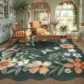 Unregelmässiger Vintage Blumen Teppich, elegantes dunkelgrünes Pflanzenmuster für Wohnzimmer. - Dunkelgrün Retro Floral (06)