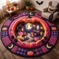 Halloween 3D visual round rug, spooky pumpkin carved pattern with pink leopard print border. - 60x60cm / Halloween Vision-26