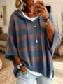 Casual blue brown plaid hooded knit sweater for women, stylish loose poncho outer wear daily use. - Dark Blue