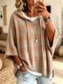 Women Plaid Hooded Knitted Poncho Sweater Casual Loose Drawstring Half Sleeve Pullover - Khaki