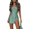 Stunning green sequin mini dress featuring elegant spaghetti straps and a sexy side slit design. - Emerald