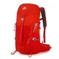 Details of professional 36L hiking backpack in red, showing durable fabric, buckles and straps. - 36L / Orange