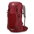 Backpack detail view showing durable nylon fabric, ventilation system, and adjustable straps. - 35L / Burgundy