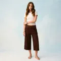 Women's brown cropped wide-leg trousers featuring rhinestone studded folded waistband style. - S / Dark Brown