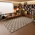 Vista detallada de una alfombra retro geométrica estilo wabi-sabi para decoración de salón. - Puesta De Sol