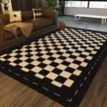 Modern black and beige checkerboard living room rug with stylish dash border design - Checkerboard Warm Yellow