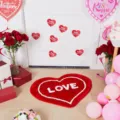 Heart-shaped red plush area rug with white border and love lettering for bedroom bathroom - Heart Series 7