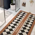 Wabi-sabi bathroom loop wire floor mat, black and white diamond anti-slip shower rug. - Caramel Beige Plaid