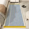 Faux cashmere striped rug, blue and white vertical stripes with yellow ends, soft bedroom carpet. - Winter Style 3