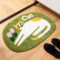 Tappeto da terra ovale verde con gatto, morbido tappeto da comodino in peluche, bagno assorbente. - Stile 10