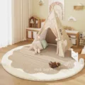 Round cashmere-feel kids rug, cozy fluffy nursery carpet in beige and white for home decor. - Round Cream Light Coffee