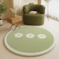 Round green rug with cute white flower pattern, cozy soft plush carpet for living room and bedroom. - Round Blooming Green
