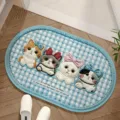 Cute cartoon cat oval floor mat, blue check absorbent bathroom mat for home doorway and shower. - Plaid Cat Oval Blue
