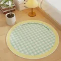 Round green and white checkered rug with yellow border, cozy home decor for bedroom living room. - Round Melon Plaid