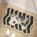 Non-slip cute cat floor mat with black and white stripes, soft absorbent bathroom rug. - Shaped Wavy Cat Gray