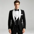 Herren schwarz-weißer Schalkragen Anzug Detail, elegante dreiteilige formelle Kleidung Ansicht. - XS / Schwarz
