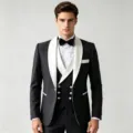Men black and white tuxedo 3 piece suit shawl lapel slim fit groom wedding formal attire - Gray