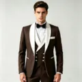 Herren brauner Schalkragen Slim Fit dreiteiliger Anzug Detailansicht hochwertiger Stoff. - XS / Kaffeebraun