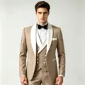 Close-up detail of the stylish shawl lapel color-block suit jacket and vest design for men. - Khaki