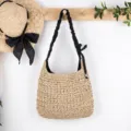 Fashion large capacity straw shoulder bag casual woven handbag for women beach summer travel. - Beige