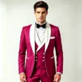 Men magenta shawl lapel suit detail view, slim fit tuxedo jacket vest trousers. - Rose Red