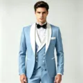 Men light blue shawl lapel three piece suit tuxedo business wedding party slim fit suit - Light Blue