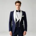 Detail shot of the elegant blue three-piece suit featuring contrasting white shawl lapels. - Navy Blue