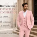 Men's pink three-piece slim fit suit business wedding formal wear jacket vest trousers - Pink