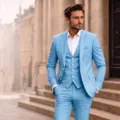 Men slim fit light blue three piece suit set jacket vest trousers for business wedding outfit - Sky Blue