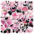 50pcs autocollants graffiti noir rose mignons fraise nœud cœur autocollant décoratif. - 50 Feuilles
