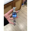 Metal Apple Watch band with cute doodle dog design and colorful crystal inlays, silver finish. - New S10 46mm / Silver (Puppy Rhinestone)