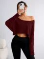 Stylish solid off-shoulder long sleeve crop top, comfortable daily wear for women. - S / Tops / Burgundy