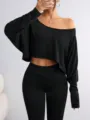Black off-shoulder crop top and matching slim pants set for women stylish streetwear. - S / Tops / Black