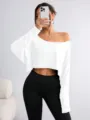 Details of the casual off-the-shoulder long sleeve crop top and leggings set for women. - S / Tops / White