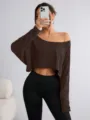 Details of the stylish solid color off-shoulder crop top with long sleeves, brown, slim fit. - S / Tops / Coffee