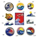 Embroidered patches featuring Japanese wave and mountain designs for clothing and bag decor. - Ocean Wave Patch 11 Pieces Pack